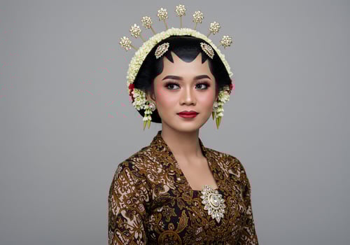 Young woman in Javanese traditional wedding dress looks to the side in studio photo