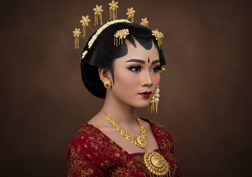 Young woman in traditional dress poses for cultural event against brown backdrop photo