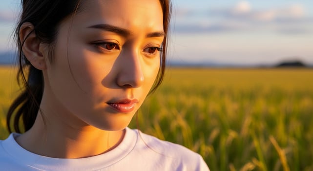 A woman in a white shirt stands in a field photo
