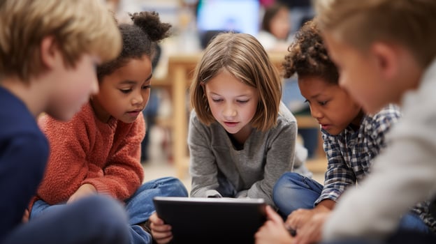 Children using tablet together in classroom during back to school learning. Diverse group of students collaborating with digital technology for educational activities. photo