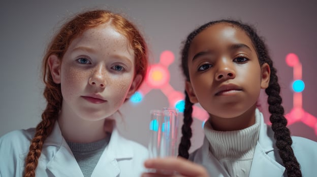 Two diverse young female scientists examining test tubes in laboratory. Girls wearing white lab coats conducting chemistry experiments for STEM education and scientific research. photo