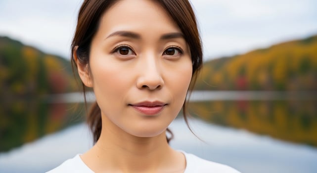 A woman is looking at the camera with a lake in the background photo