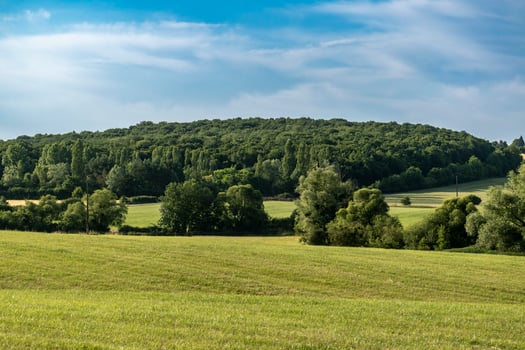 Countryside landscape with sky and fields, real life photo