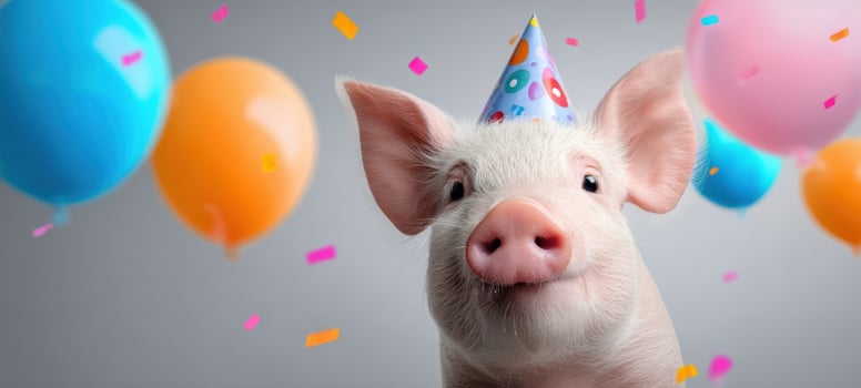 The adorable pig celebrating with colorful balloons and a festive party hat. photo