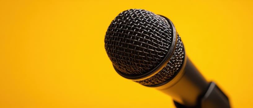 The microphone in sharp focus against a vibrant yellow background. photo
