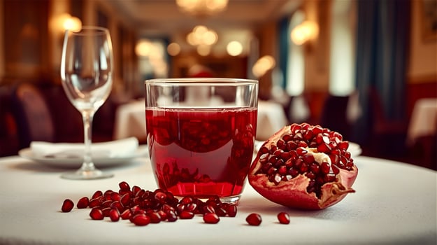 A glass of red pomegranate juice on a table photo