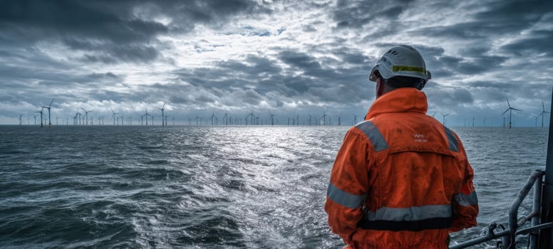The worker observing offshore wind turbines against a dramatic cloudy sky. photo