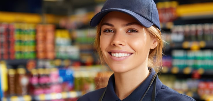 The smiling employee in a retail store with colorful shelves around her. photo