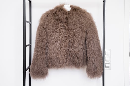 Grey Mongolian lamb wool coat with long curly texture on hanger in bright retail display. photo