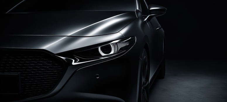 The sleek black car illuminated against dark background showcasing modern aesthetics. photo
