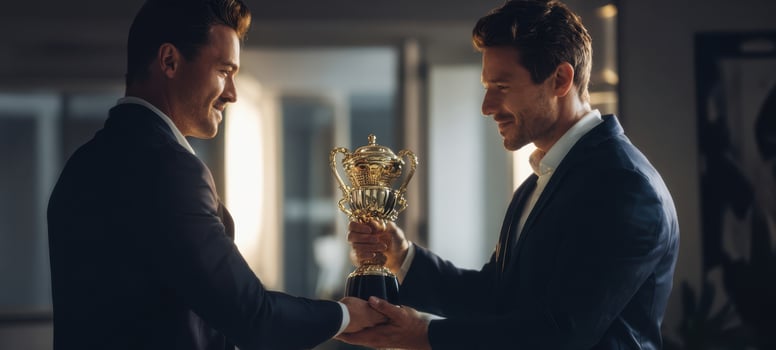 The award-winning moment exchanged between two successful business professionals. photo