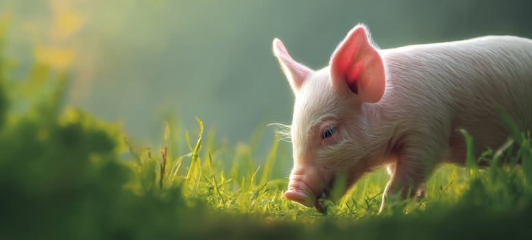 The adorable young piglet exploring the lush green grass under soft sunlight. photo