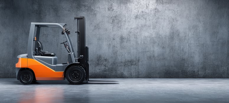 The modern forklift positioned against a textured concrete wall in an industrial setting. photo