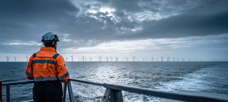 The worker observing offshore wind turbines in a dramatic marine environment. photo