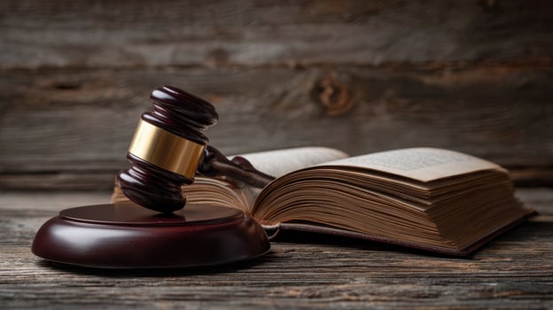 The gavel resting on a law book symbolizing justice and legal authority. photo