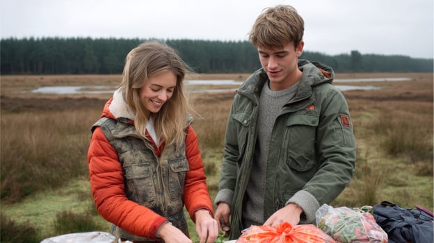 Young couple wearing warm jacket hiking in nature, enjoying outdoor activity and smiling happily in autumn field photo