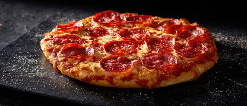 The delicious pepperoni pizza served on a rustic black stone platter. photo