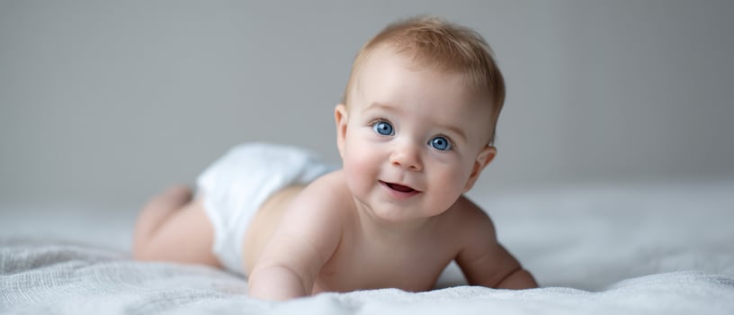 The adorable baby smiling joyfully while crawling on a soft blanket. photo