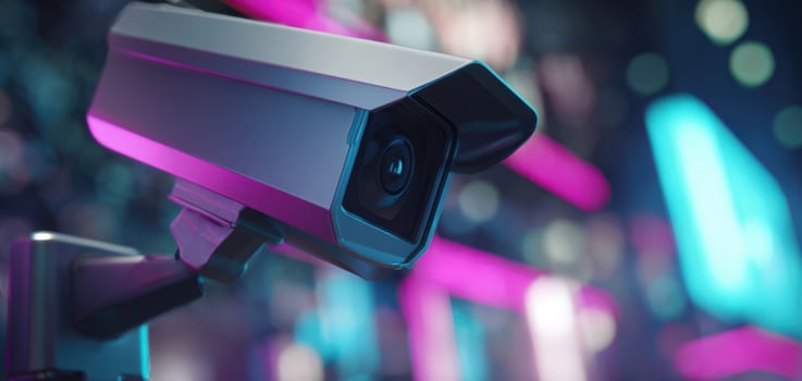 The advanced security camera with vibrant neon background and modern design. photo