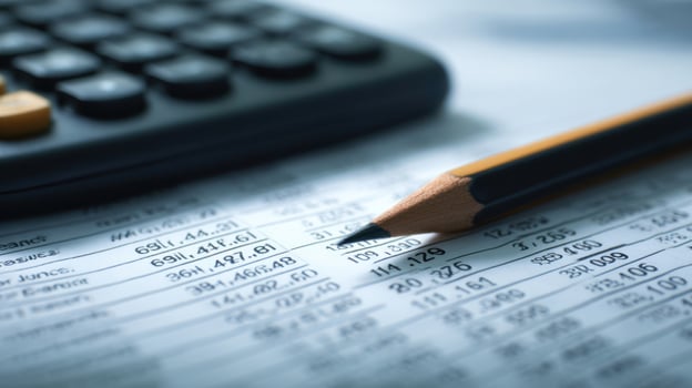 The calculator and pencil resting on a detailed financial spreadsheet. photo