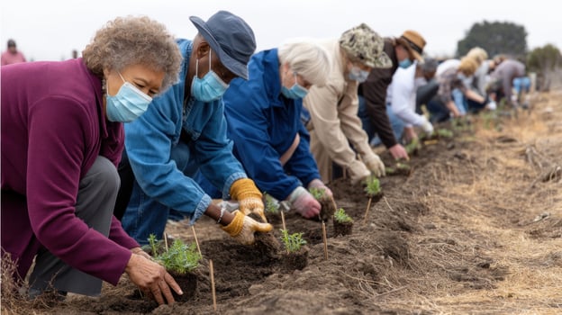 Elderly people wearing masks planting small plants in row outdoors, showing teamwork and care in community garden photo