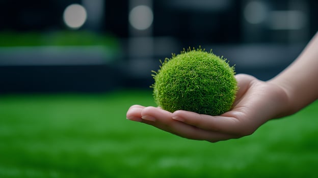 Preserving nature, a hand gently holding a vibrant green moss ball, symbolizing environmental protection and sustainable living. photo