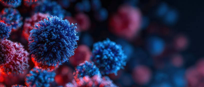 The intricate details of a virus structure illuminated in vibrant colors. photo