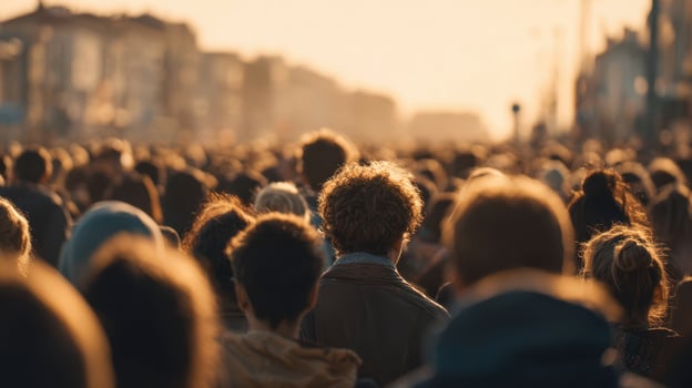 The crowd gathered at sunset creating a vibrant urban atmosphere. photo