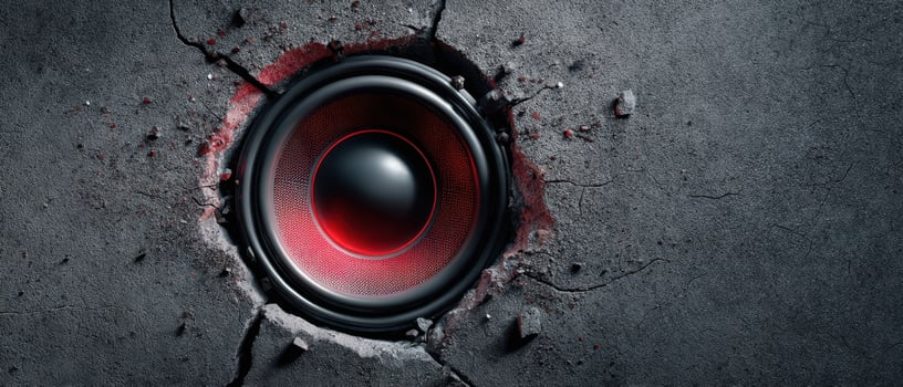 The dynamic speaker emerging from a cracked concrete wall in a bold design. photo