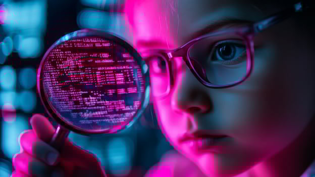 Young Girl Exploring the Digital World Through a Magnifying Glass photo