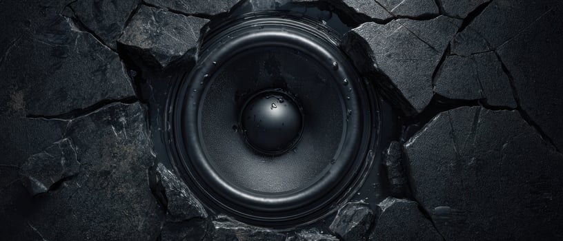 The black speaker emerging from cracked concrete background for dramatic effect photo