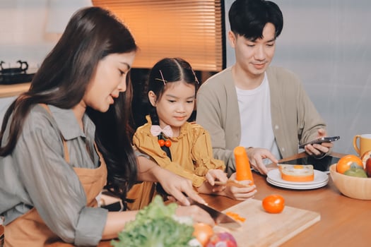 Asian family preparing food together in kitchen photo