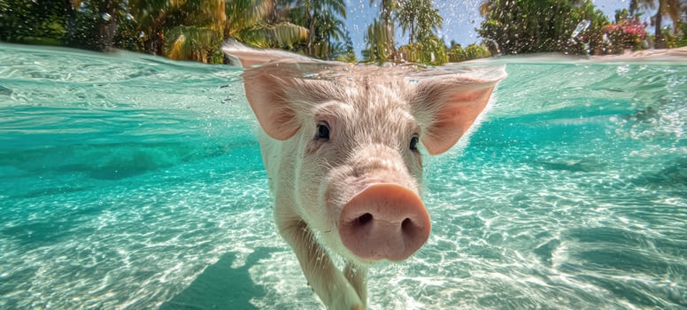 The swimming pig enjoying a tropical underwater adventure in clear water. photo