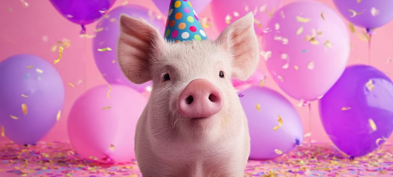 The adorable pig celebrating a birthday with colorful balloons and party hat. photo
