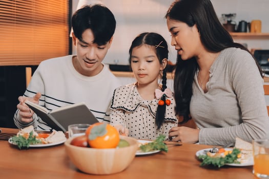 A family sitting at a table with a book and food photo