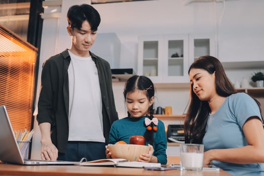 A family is working together on a laptop photo
