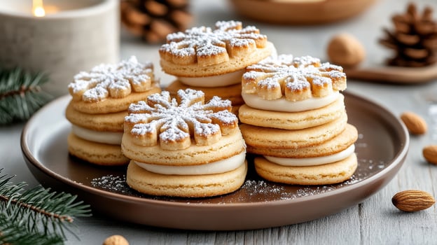 Delicious almond filled cookies shaped like snowflakes, perfect for festive gatherings photo