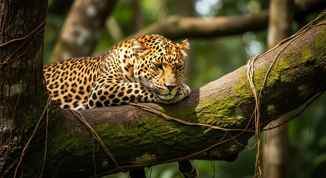 A leopard resting on a tree branch in the jungle photo