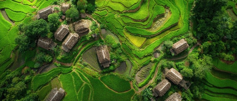 The serene landscape of lush green rice fields with traditional thatched huts. photo