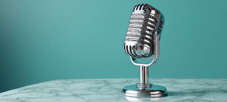 The vintage microphone on a stylish marble tabletop against a teal backdrop. photo