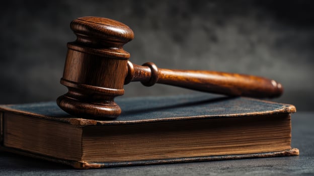The wooden gavel resting on a legal book with a dramatic background. photo