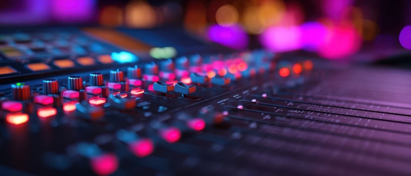 The vibrant audio mixer controls illuminated in a modern music studio setting. photo