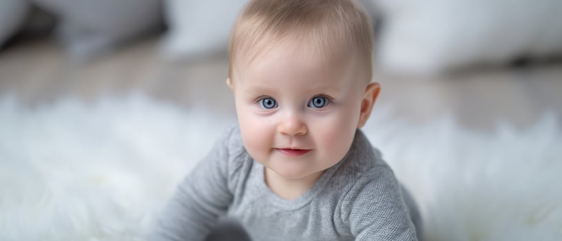 The adorable baby smiling on a plush white rug at home. photo