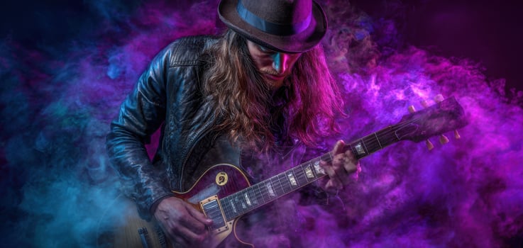 The musician passionately playing his electric guitar amidst colorful smoke. photo