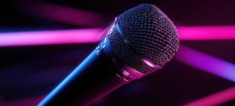 The vibrant microphone illuminated by colorful neon lights. photo