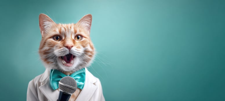The Singing Cat in a Tuxedo Holding a Microphone. photo