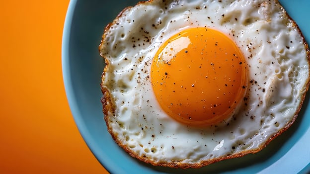 A perfectly fried egg on a teal plate, sunny side up, with a vibrant orange yolk and crispy edges. A simple breakfast dish with speckled pepper. photo