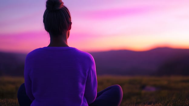 A woman sitting in the grass at sunset photo