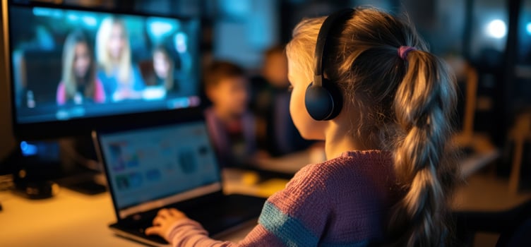 Young Girl Focused on Laptop, Nighttime Online Learning photo