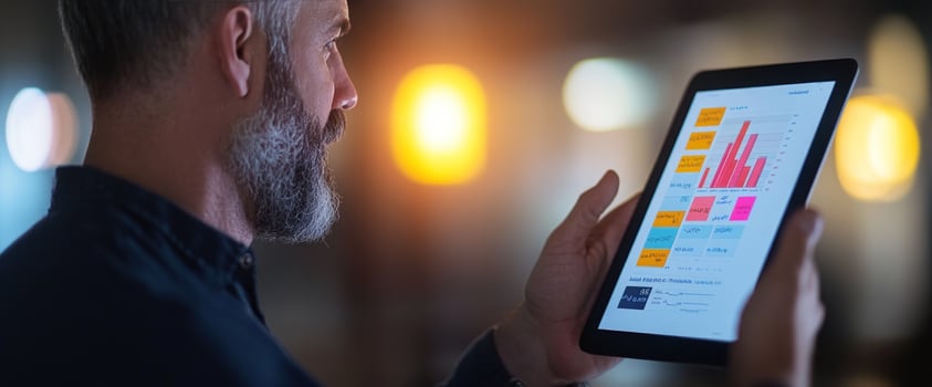 Businessman Analyzing Data on Tablet at Night photo